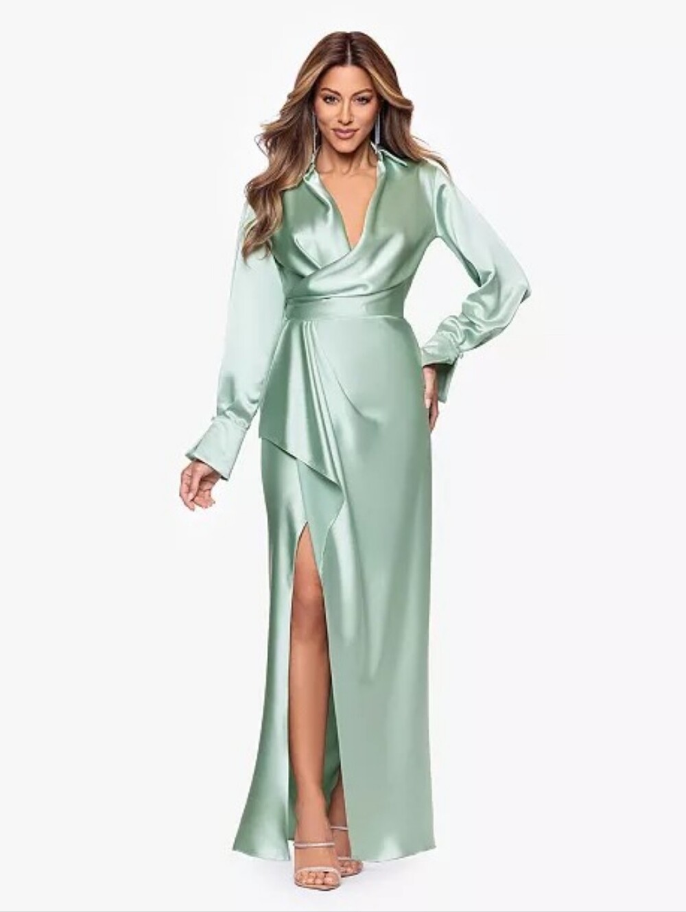 XSCAPE Evenings Collar Long Sleeve Satin Gown In Sage US 8 Org $298